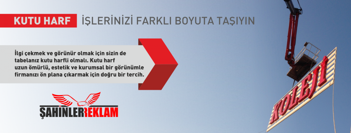 <p><strong>Kutu Harf &Ccedil;eşitleri;</strong> Işıklı Kutu Harf, Işıksız Kutu Harf, Pleksi Kutu Harf, Krom Kutu Harf, Metal Kutu Harf, Ahşap Kutu Harf, &Ouml;zel Malzeme  Kutu Harf olarak &ouml;zetlenebilir.</p>
<p>Kutu Harf ile işleri farklı boyuta taşıyın. İlgi &ccedil;ekmek ve g&ouml;r&uuml;n&uuml;r olmak i&ccedil;in sizin de tabelanız kutu harfli olmalı. Kutu harf uzun &ouml;m&uuml;rl&uuml;, estetik ve kurumsal bir g&ouml;r&uuml;n&uuml;mle firmanızı &ouml;n plana &ccedil;ıkarmak i&ccedil;in doğru bir tercih.</p>
<p>Al&uuml;minyum, Pleksiglass, Krom gibi malzemer led veya neonla ışıklandırılarak yapılan reklam &ccedil;eşididir.</p>
<p>Kaliteli, dikkat &ccedil;ekici uzun &ouml;m&uuml;rl&uuml; ve şık g&ouml;r&uuml;n&uuml;ml&uuml;d&uuml;r.</p>
<p>Geceleri işletmeniz kapalıyken potansiyel m&uuml;şterilerinizin dikkatini &ccedil;ekerek "akılda kalıcı"lığı sağlar.</p>
<p>&Uuml;retimi size &ouml;zel yapıldığından eşsiz ve benzersiz olarak farkınızı &ouml;ne &ccedil;ıkarır.</p>
<p><strong>İsteğe g&ouml;re</strong>&amp;nbsp;transparan &uuml;retilerek i&ccedil;ten yanan led ışıkları &ouml;nden arkadan iki renk kombinasyonu ile ilgi &ccedil;ekiciliği ve akılda kalıcılığı sağlanabilir.</p>
<p>İzmir Kutu Harf uygulama resimlerimizi inceleyiniz.</p>
