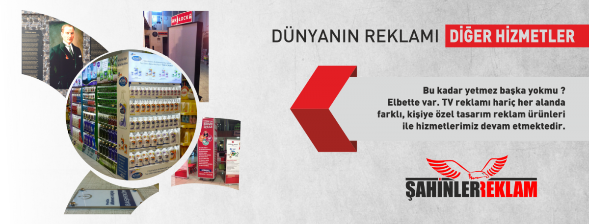 <p><strong>İzmir Reklam Hizmet alanları&amp;nbsp;<a href="http://www.sahinlerreklam.com/">Reklam</a>a dair her şey olmakla beraber;</strong></p>
<blockquote>
  <p><strong>Tabela</strong>, Levha; Işıklı Tabela, Işıksız Tabela, Germe Tabela, Sa&ccedil; Tabela, Al&uuml;minyum Oyma Tabela, Kompozit (Alikobant) - Kompozit Oyma Tabela, Pleksi Tabela, Dekota Tabela, Y&ouml;n Tabelaları, Y&ouml;nlendirme Tabelaları</p>
</blockquote>
<p><strong>Totem</strong>; Işıklı Totem, Işıksız Totem</p>
<p><strong>Bilboard</strong>; Cephe (Duvar) Bilboard, Totem Bilboard, Branda Bilboard, Taşınabilir Bilboard, Dikey Bilboard</p>
<p><strong>Cephe Giydirme</strong>&amp;nbsp;-&amp;nbsp;<strong>Duvar Kaplama</strong>; Kompozit Cephe Reklam Uygulamaları, Işıklı - Işıksız Duvar Kaplama, Branda Cephe Germe, Branda Duvar Kaplama</p>
<p><strong>Ara&ccedil; Giydirme (Kaplama)</strong>; Folyo Ara&ccedil; Kaplama, Baskı Ara&ccedil; Kaplama, Kısmi Ara&ccedil; Kaplama, Komple Ara&ccedil; kaplama</p>
<blockquote>
  <p><strong>Kutu Harf, Kabartma Harf; Pleksi Kutu Harf, Krom (Crom) Kutu Harf, Strafor K&ouml;p&uuml;k Kabartma Harf, Alikor Kabartma Harf, Dekota Kutu Harf</strong></p>
</blockquote>
<p>Tasarım hizmeti;&amp;nbsp;<strong>Logo</strong>&amp;nbsp;tasarım, kurumsal kimlik tasarımları, ara&ccedil; kaplama tasarımları, tabela tasarımları, ilan tasarımları</p>
<p>Web Sitesi; Web tasarım, web programlama, Y&ouml;netim paneli, &ouml;zel online uygulamalar</p>
<p>Matbaa Baskı &Ccedil;&ouml;z&uuml;mleri; Afiş Branda Baskı, Kartvizit, El ilanı, İmsakiye, Davetiye</p>
